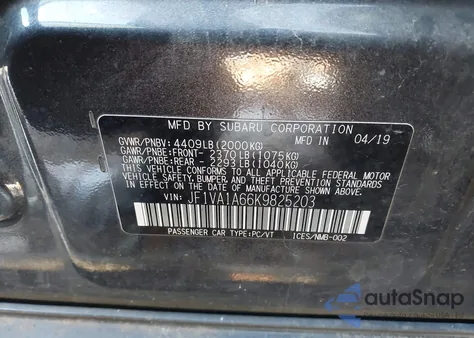 2019 Subaru Wrx из США, поврежденный, VIN JF1VA1A66K9825203